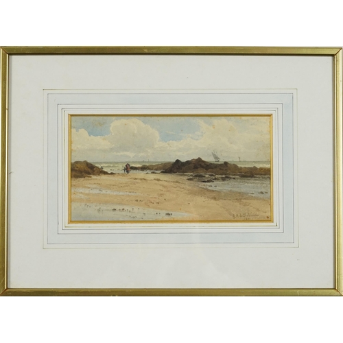 1589 - Georgina de L'Aubiniere 1880 - Coastal scene with figures, late 19th century watercolour, mounted, f... 