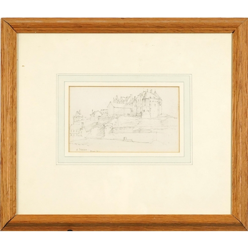 1621 - Manner of Alexandre-Marie Colin - Dieppe Castle, 19th century French school pencil drawing, mounted,... 