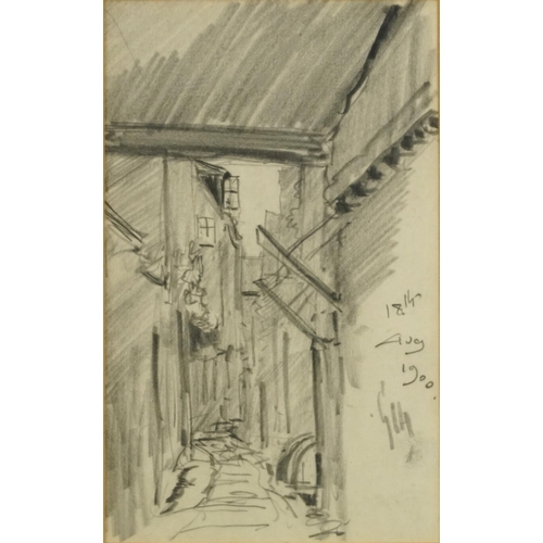 1627 - George Charles Haite 1900 - Street scene and town, pair of pencil/charcoal drawings, each signed wit... 