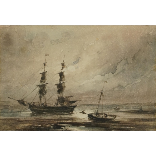 1650 - Attributed to George Rowe - Coastal scene with ship at twilight, 19th century watercolour, inscribed... 