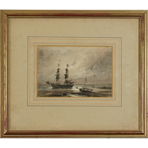 1650 - Attributed to George Rowe - Coastal scene with ship at twilight, 19th century watercolour, inscribed... 