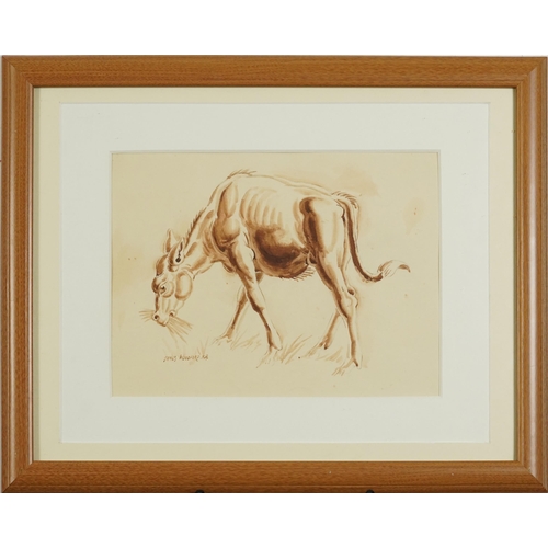 1635 - James Woodford RA - Study of a donkey, sepia watercolour, label verso, mounted, framed and glazed, 3... 