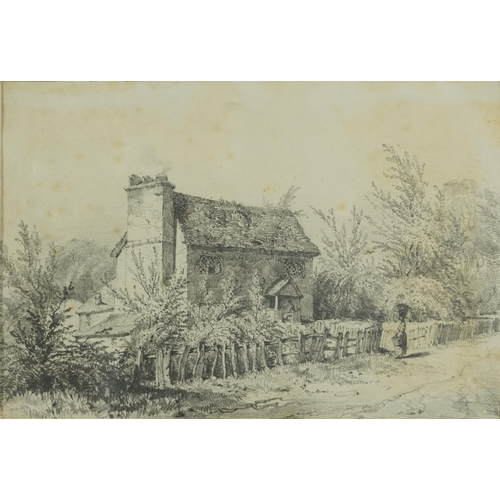 1634 - Robert Dixon - Rural cottage with figures, early 19th century Norwich school pencil, inscribed verso... 