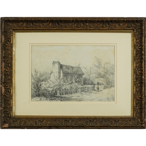 1634 - Robert Dixon - Rural cottage with figures, early 19th century Norwich school pencil, inscribed verso... 