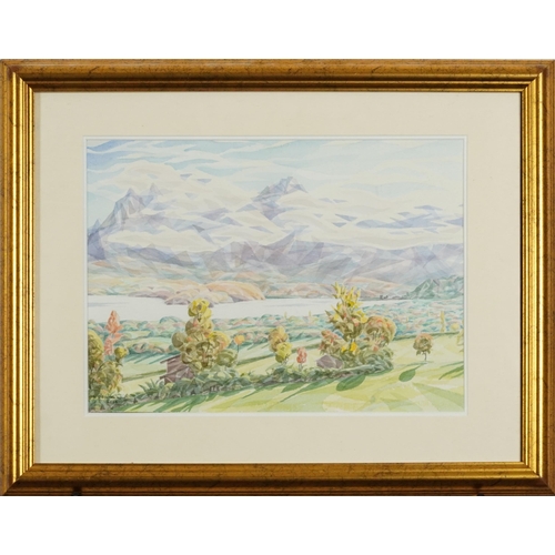 1407 - Bill Blackshaw 2003 - Mountainous river landscape, Cubist watercolour, mounted, framed and glazed, 3... 