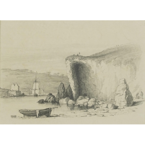 1396 - H F Worsley - Moored boat before cliffs and cottage, two 19th century pencil and watercolours, one i... 