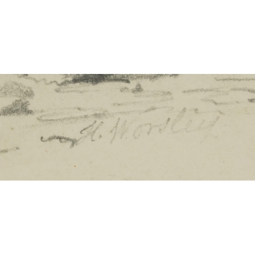 1396 - H F Worsley - Moored boat before cliffs and cottage, two 19th century pencil and watercolours, one i... 