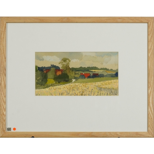 1654 - Suffolk landscape, mixed media, TS Daly Architect Urban Designer label verso, mounted, framed and gl... 