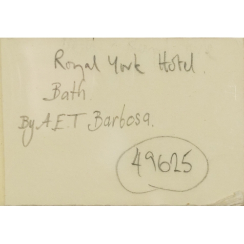 1643 - A E T Barbosa - The Royal York Hotel, Bath, oval pencil, various pencil inscriptions verso, mounted,... 