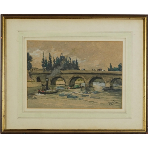 1340 - Tugboats beneath a bridge, watercolour, indistinctly signed, possibly L Davis, mounted, framed and g... 