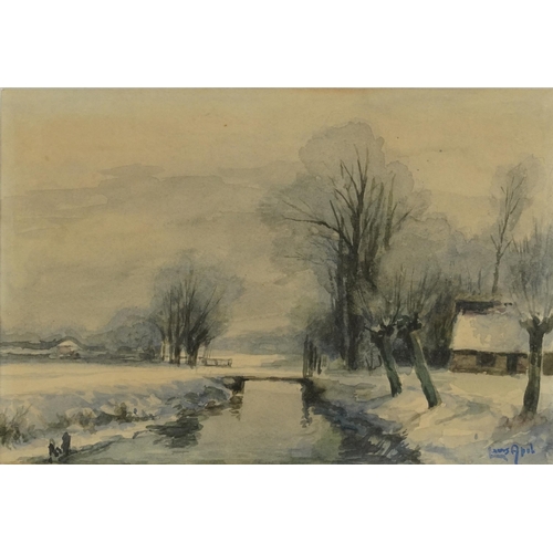 1637 - Louis Apol - Dutch snowy river landscape, watercolour, mounted, framed and glazed, 24cm x 17cm exclu... 