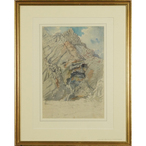 1318 - Attributed to Albert Hood - Rocky landscape, 19th century Norwegian pencil and watercolour, inscribe... 