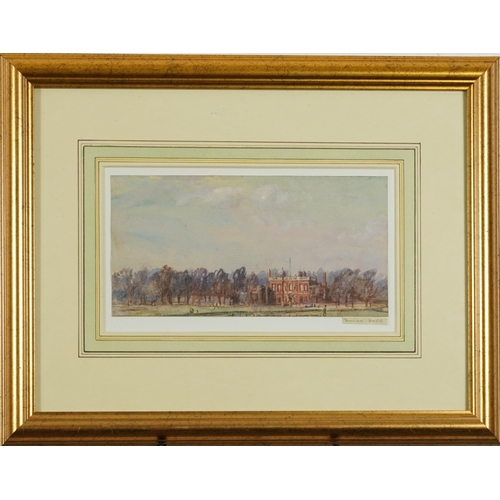 1405 - Francis Dodd - Stately home, watercolour, mounted, framed and glazed, 25cm x 13cm excluding the moun... 