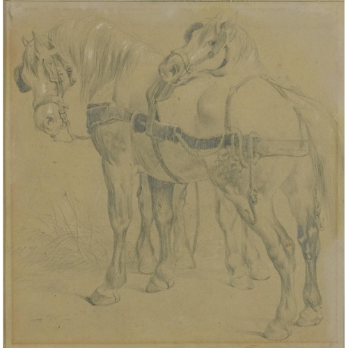 1641 - Study of two resting workhorses, 19th century heightened pencil, various inscriptions verso includin... 