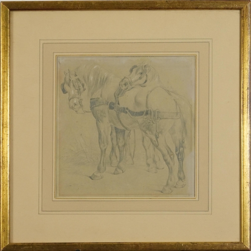 1641 - Study of two resting workhorses, 19th century heightened pencil, various inscriptions verso includin... 