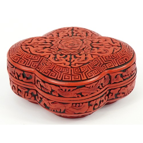 1145 - Chinese cinnabar lacquer plate and box with cover carved with flowers, the largest 30cm in diameter