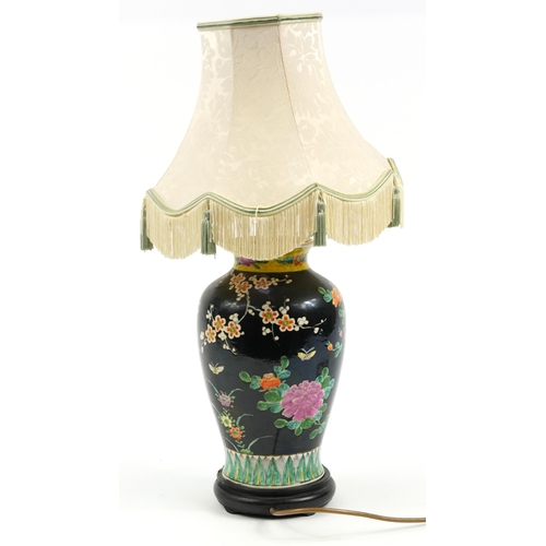 1108 - Chinese porcelain table lamp hand painted in the famille noire palette with birds and butterflies am... 