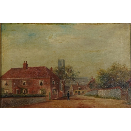 1689 - Village street scene with figure, early 20th century oil on canvas, G Rowney & Co stamp verso, mount... 