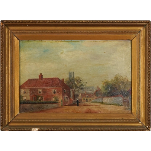 1689 - Village street scene with figure, early 20th century oil on canvas, G Rowney & Co stamp verso, mount... 