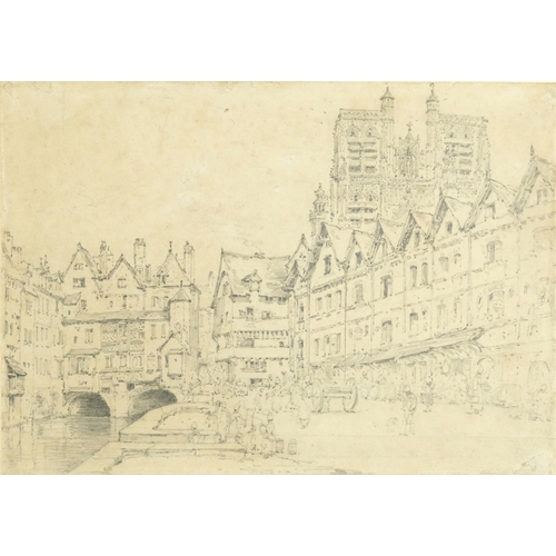 1693 - Henry Edridge - Continental town scene with figures, possibly Bruges, 19th century pencil, inscribed... 