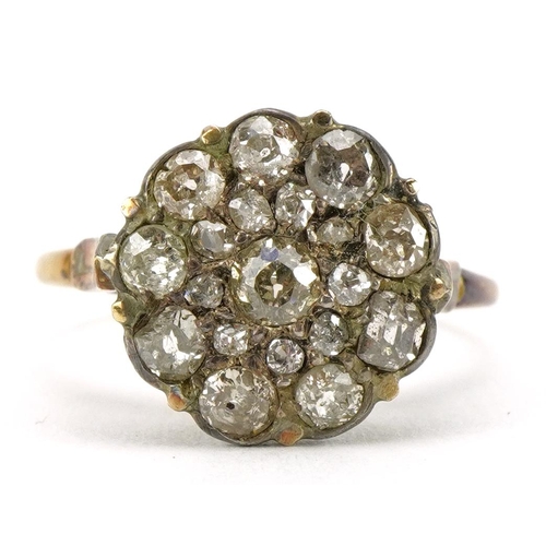 2001 - Antique 18ct gold diamond cluster ring, the central diamond approximately 3.5mm in diameter, the out... 