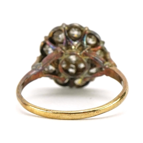 2001 - Antique 18ct gold diamond cluster ring, the central diamond approximately 3.5mm in diameter, the out... 