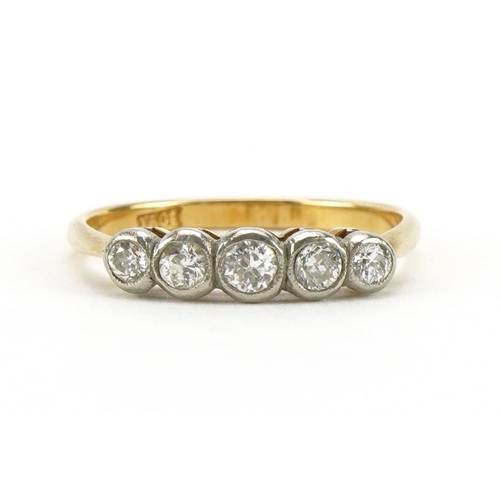 2054 - 18ct gold graduated diamond five stone ring, size N, 2.5g