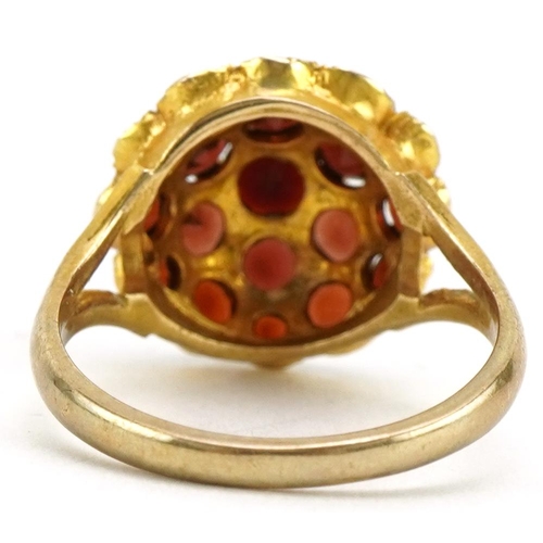 2057 - 9ct gold bohemian garnet cluster ring housed in a Bruford Eastbourne - Exeter tooled leather box, si... 