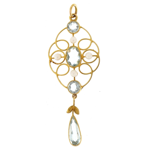 2021 - 9ct gold aquamarine and seed pearl openwork drop pendant, 5.5cm high, 2.1g