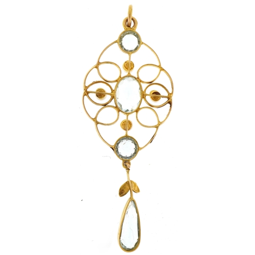 2021 - 9ct gold aquamarine and seed pearl openwork drop pendant, 5.5cm high, 2.1g