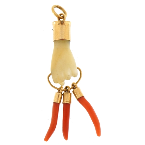 2030 - Antique unmarked gold mother of pearl figa charm with three coral drops, 5.5cm high, 5.1g