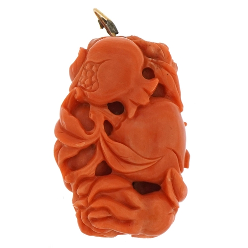 2037 - Good Chinese coral pendant carved with a bat amongst fruit, 4.0cm high, 28.0g