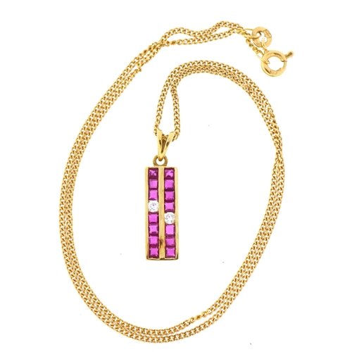 2015 - 18ct gold ruby and diamond pendant on 18ct gold curb link necklace, 2.6cm high and 38cm in length, t... 