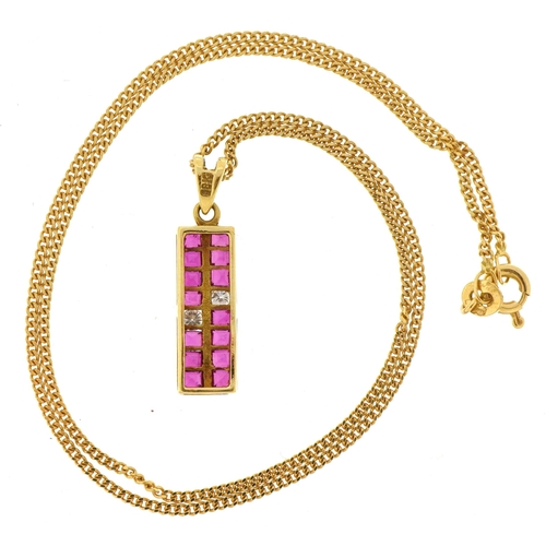 2015 - 18ct gold ruby and diamond pendant on 18ct gold curb link necklace, 2.6cm high and 38cm in length, t... 