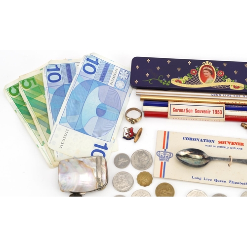 1152 - Objects including a mother of pearl coin purse, Elizabeth II Coronation 1853 pencil case with pencil... 