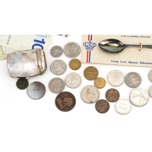 1152 - Objects including a mother of pearl coin purse, Elizabeth II Coronation 1853 pencil case with pencil... 