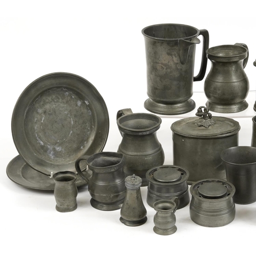 364 - Antique pewter including a caddy, measures and plates, the largest 24cm in diameter