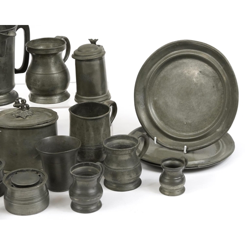 364 - Antique pewter including a caddy, measures and plates, the largest 24cm in diameter