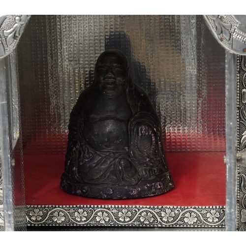 1105 - Large silvered table top Indian shrine housing a stoneware figure of Buddha, 71cm high