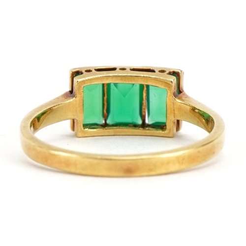 2072 - 18ct gold and platinum green stone ring, the largest stone approximately 5.3mm x 3.4mm, size N, 2.8g