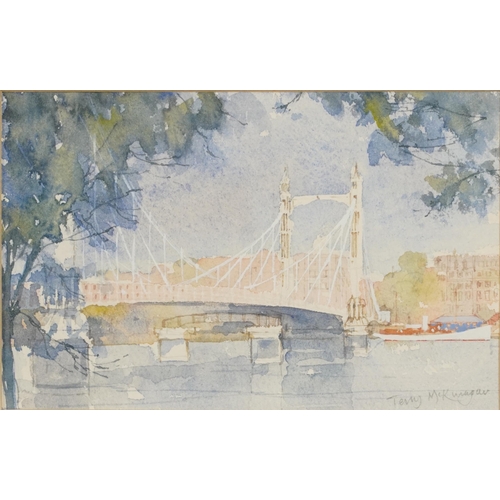 1441 - Terry McKivragan, Albert Bridge from Battersea Park and Battersea Bridge, pair of watercolours, each... 