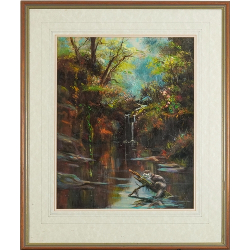 1306 - Dave Aldus - Otter with it's catch before a waterfall, Welsh Impressionist acrylic inscribed The Hun... 