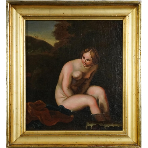 1308 - Nude female bathing before a landscape, Old Master style oil on canvas housed in a gilt frame, 48cm ... 