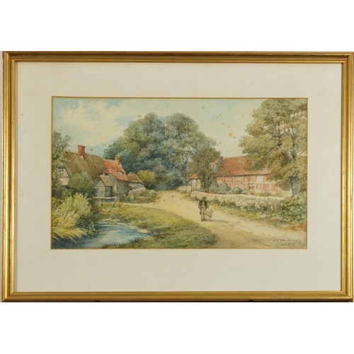 1337 - G C Thomas 1905 - Village scene with figure walking a dog, early 20th century watercolour, mounted, ... 