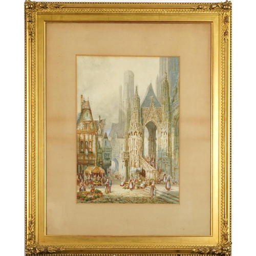 1299 - Henry Schafer - St Maclou, Rouen, Normandy, 19th century heightened watercolour, inscribed to the th... 