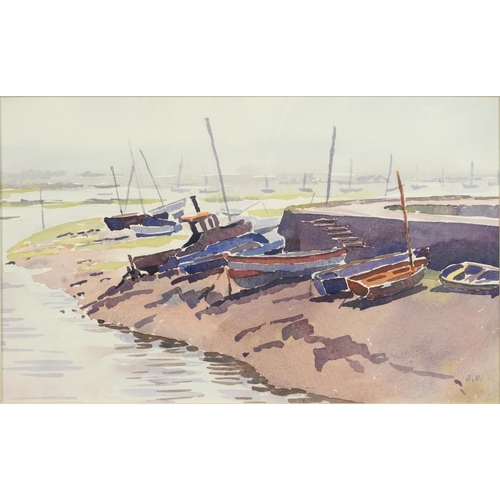 1429 - Beached fishing boats and continental villa, two watercolours including one by Peter Robson, each mo... 