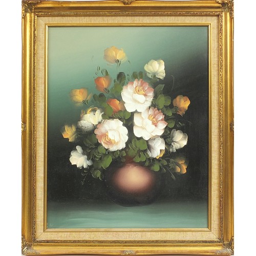 1577 - Still life roses in a vase, oil on canvas, mounted and framed, 49.5cm x 39cm excluding the mount and... 