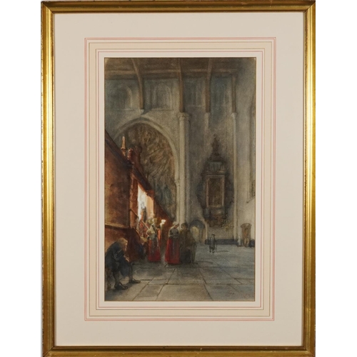 1335 - Jules Victor Genisson - Cathedral interior with figures, 19th century Belgian signed watercolour, mo... 