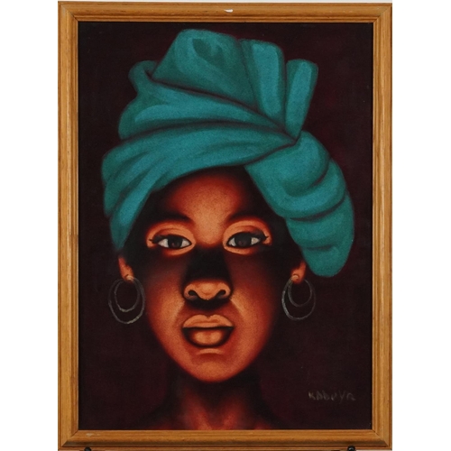 1362 - Kabuya - Female wearing a headscarf, African signed mixed media, framed and glazed, 44cm x 33.5cm ex... 