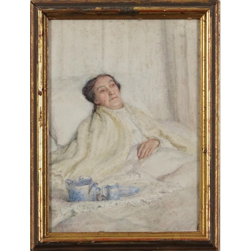 1443 - Portrait of a seated lady wearing a gown and reclining gentleman, two early 20th century watercolour... 